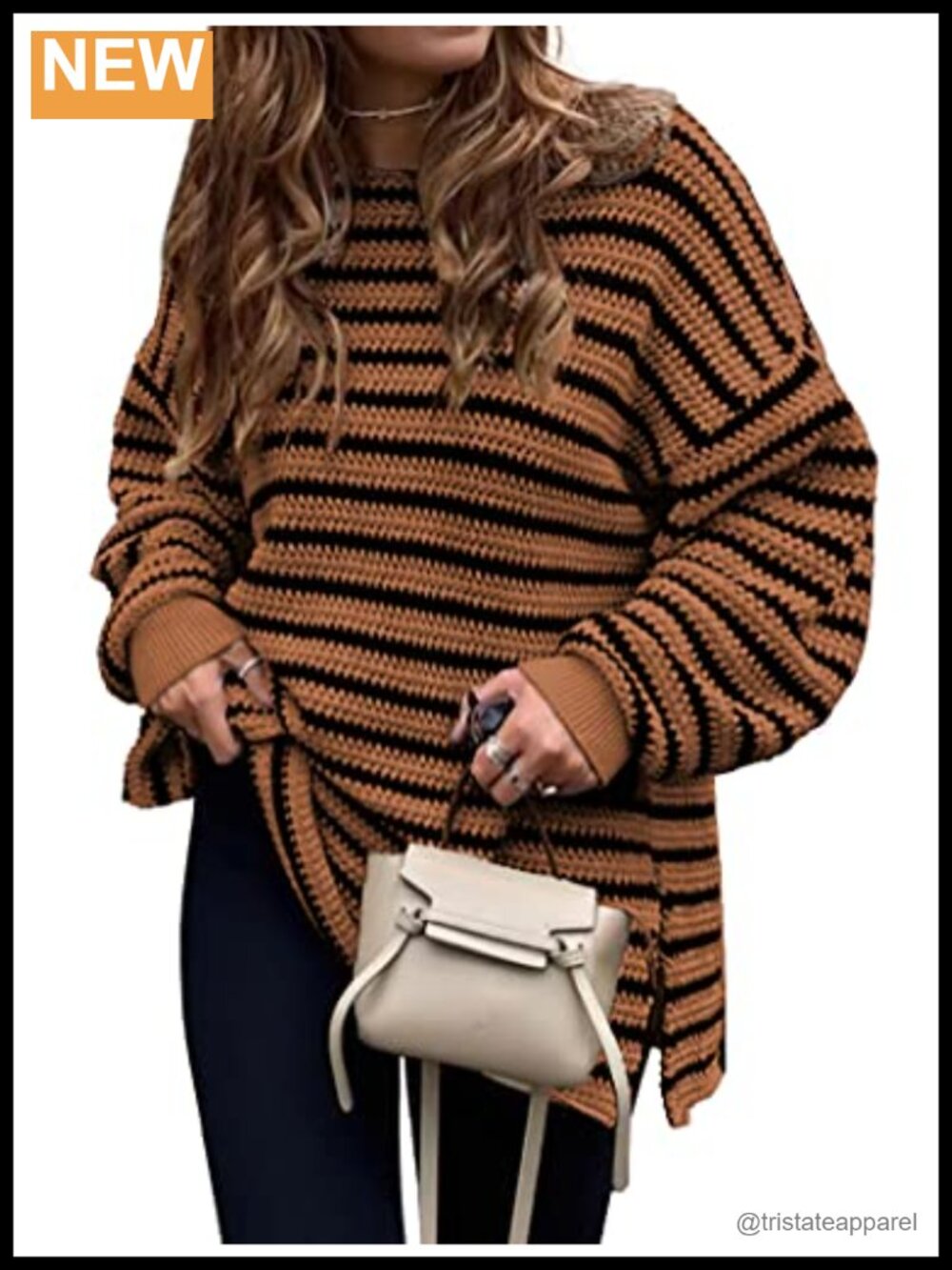 Oversized Striped Crewneck Pullover Sweater Women Chunky Knit Long Sleeve Tunic